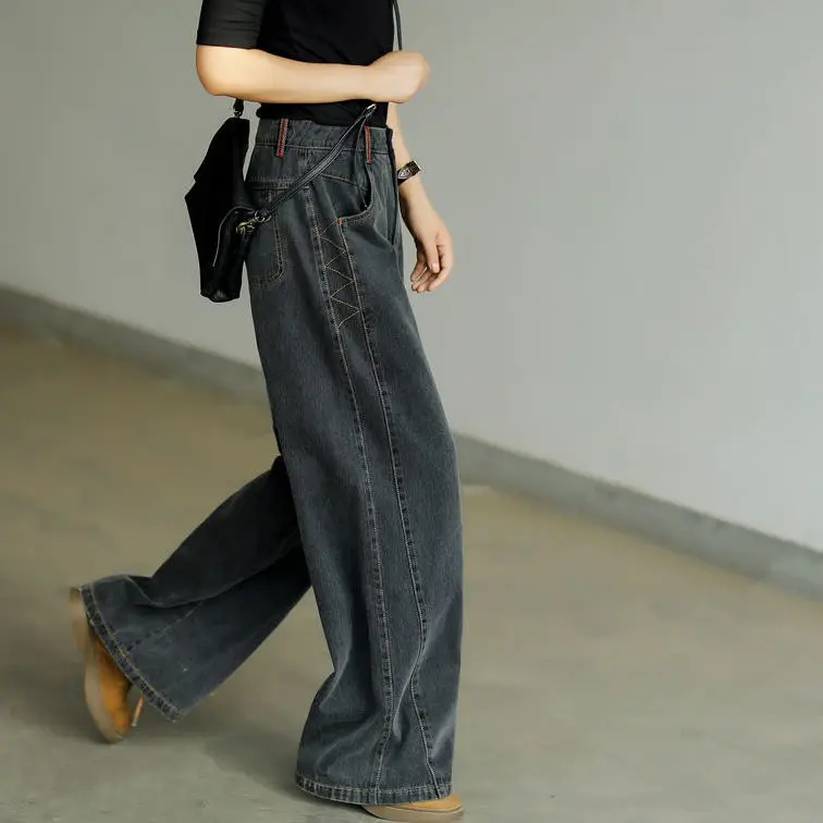 Black Straight Vintage Jeans Women\'s 2021 y2k Streetwear Denim Trousers Female Office High Waist Mom Drape Wide-leg Pants