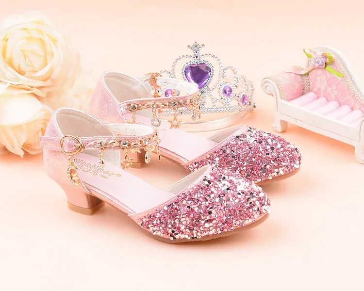 Kids Princess Girls Sandals Glitter Shiny Rhinestone Butterfly Student Party Dance Shoes  Children Summer High Heel