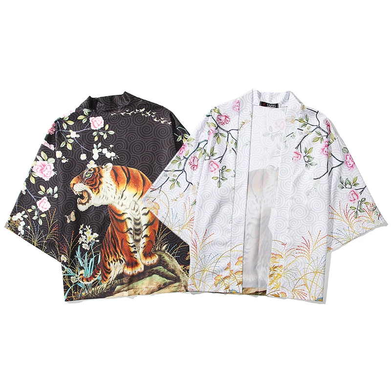 

Shirts Male Cardigan Yukata Summer Harajuku Streetwear Samurai Costume Male Haori Kimono Men Japanese Tiger Print Traditional