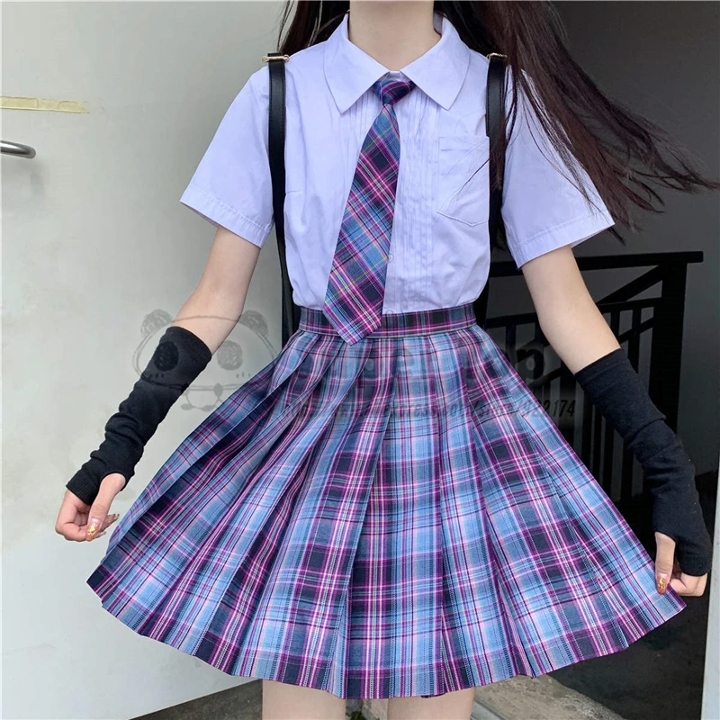 Hot Girl's Autumn Summer High Waist Pleated Skirts Purple Plaid Skirts Women Cool JK Uniforms Girl School Dress Student Cloths