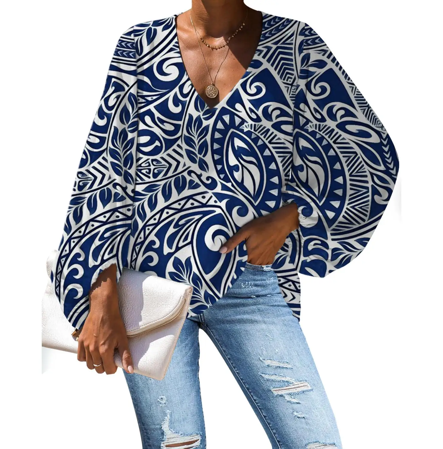 Blouse Women Stylish Polynesian Traditional Tribal Shirts Fashion Long Sleeve Tops Chiffon Blouse Loose Tops Shirts Female