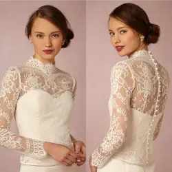 GOHYPDUG High Neck Bridal Wraps Long Sleeve Wedding Lace Applique Jackets Cheap Bridal Jacket Bolero Jacket Plus Size