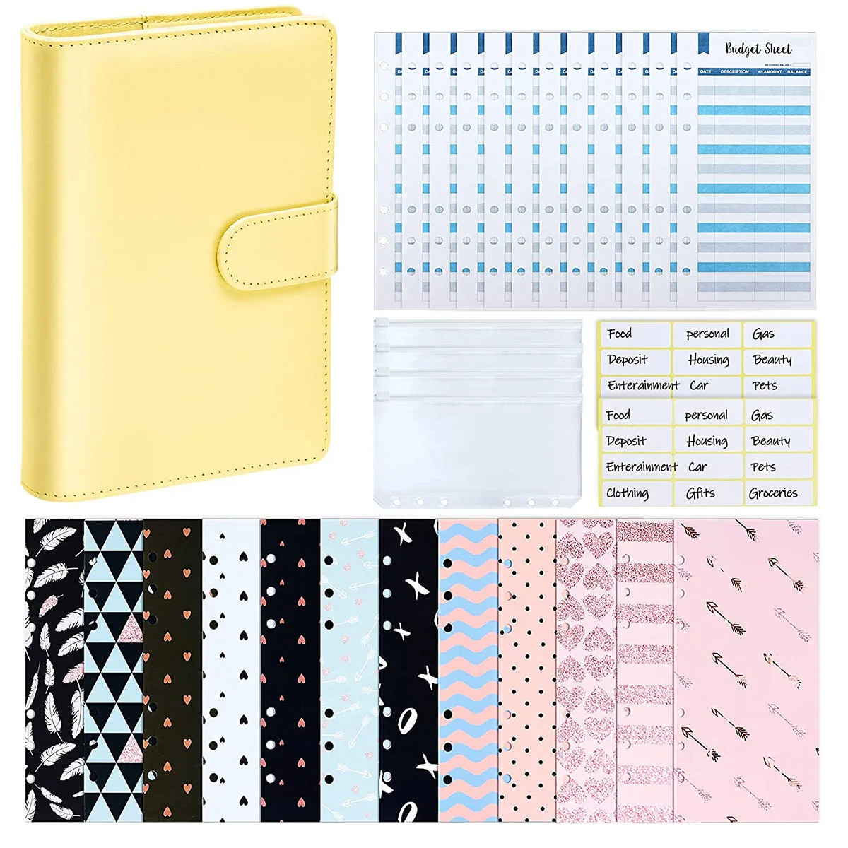 31 Pieces PU Leather Budget Binder Cash Envelope System with 12PCS Budget Money Envelopes and Expense Sheets, 4 Binder Pockets