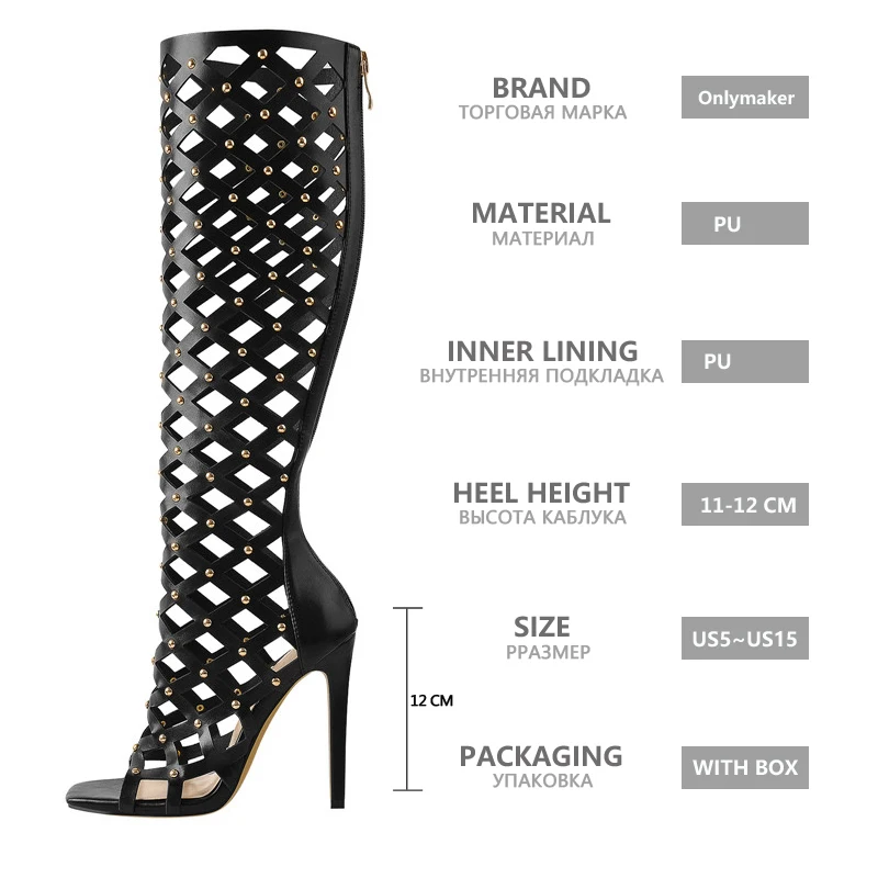 Onlymaker Women Peep Toe Black Hollow Grid Stiletto Zipper Knee High Boots High Heel Plus Size Sandals Boots For Summer