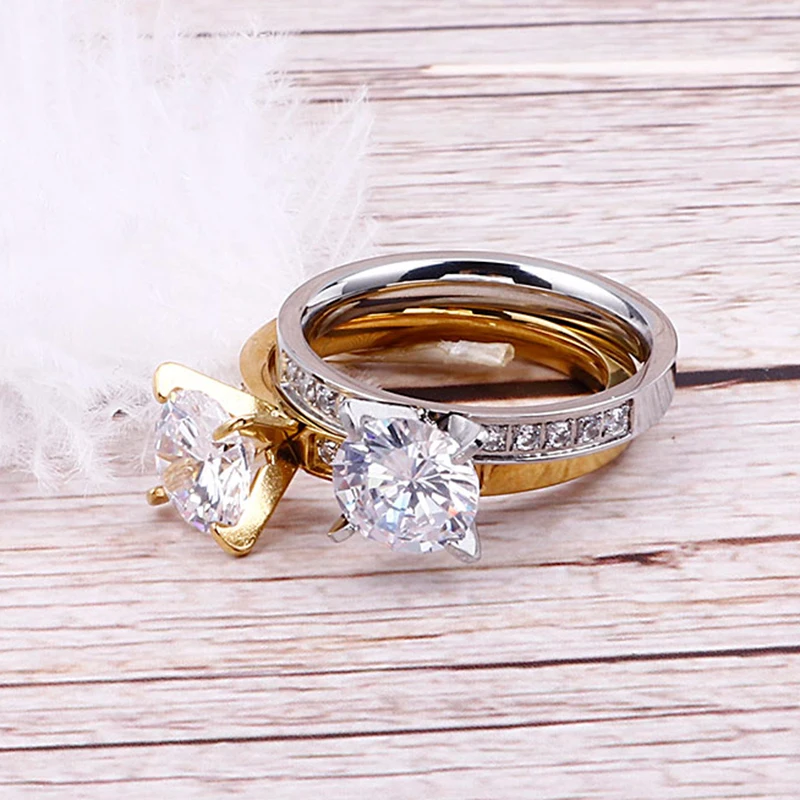 2ct CZ Stone Engagement Ring for Women Gold Color Stainless Steel Wedding Ring Forever Love Jewelry Ring