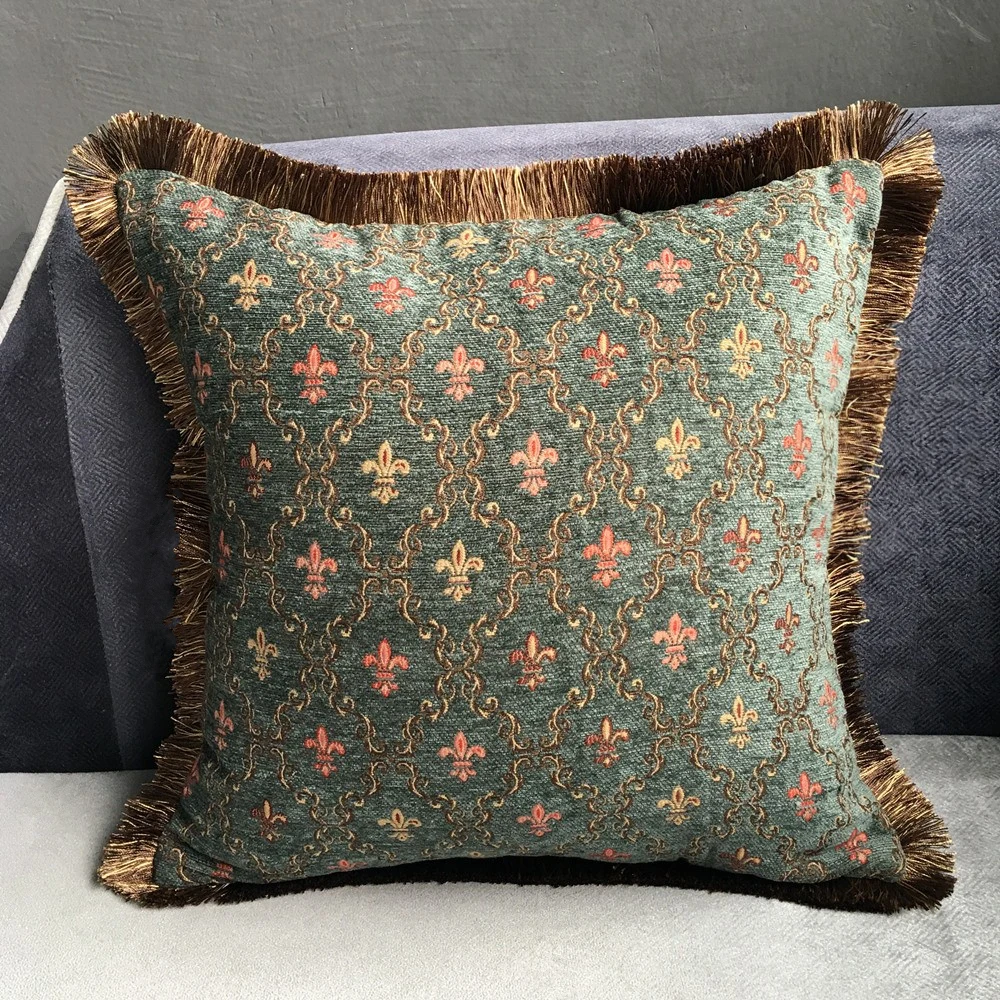 Classic Home Vintage Cushion Cover Small Flower Dark Green Soft Chenille Throw Woven Sofa Decorative Pillow Case 45x45cm