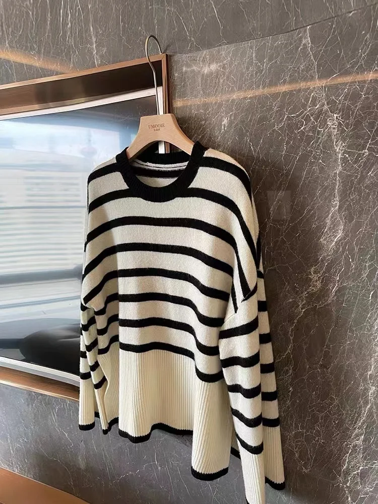 2021 new striped cashmere sweater woman autumn/winter knit sweater loose sweater coat warm long sleeve pullover woman