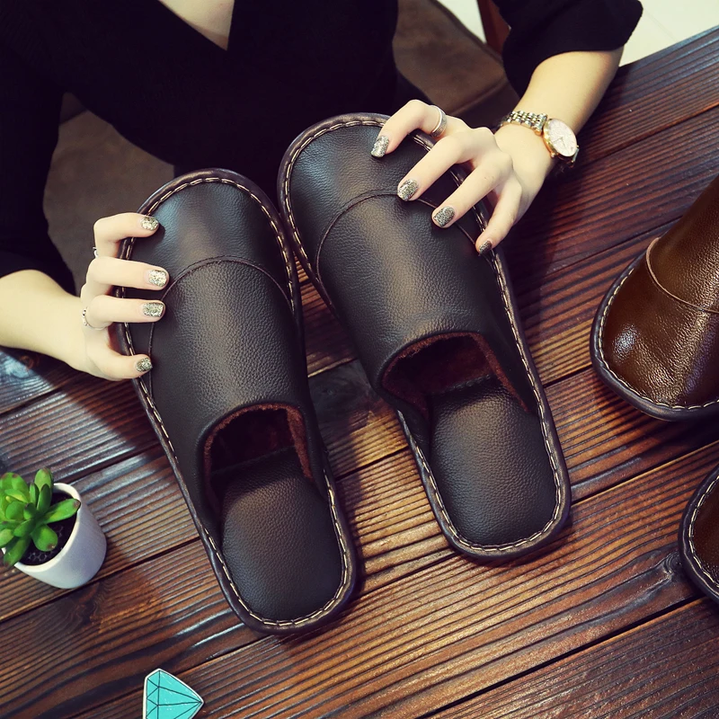 

Leather Winter Home Slippers Couple's Anti-Slip Waterproof Warm Indoor Slippers Men Women Casual Household Slippers