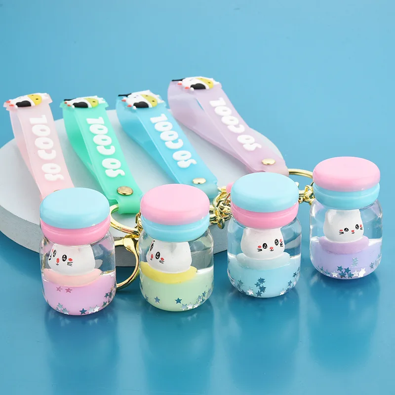 Creative Cartoon Floating Liquid Cat Macaron Keychain Cute Milk Bottle Crystal Quicksand Surfing Cat Keyring Pendant Gift Keyfob