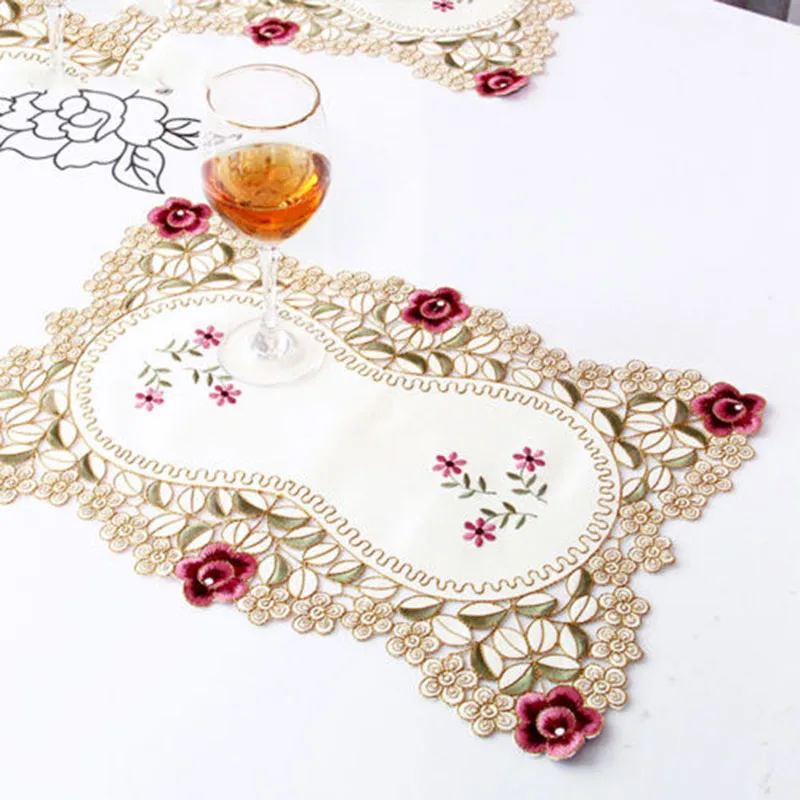 Home Dining Table Place Mat Vintage Embroidered Lace Fabric Placemat 30x45cm Floral Oval Table Cloth Placemat Home Tablecloth