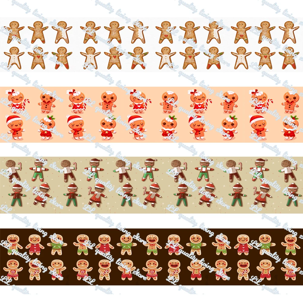 

WL 1’Cute Gingerbread Man Printed Grosgrain Ribbon Hair Bow Diy Christmas Party Decoration Craft Supplies Packaging 50 Yards