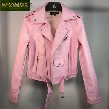 Veste en cuir femme, vêtements printemps coréen Fit Streetwear Pu rose Biker vestes éléphant manteau en cuir LW486 2021