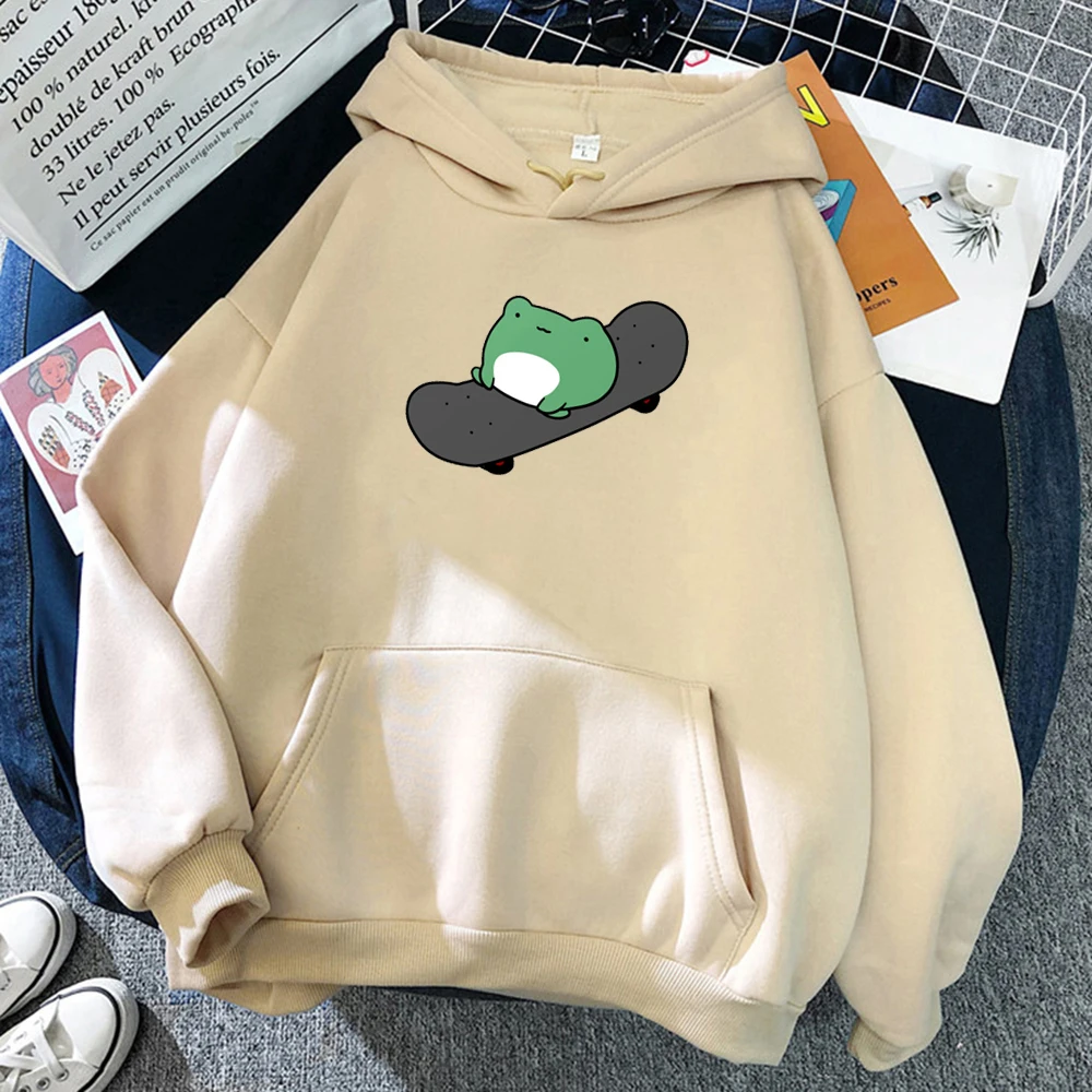 Winter Skateboard Frog Oversized Sweatshirt Men And Women's Hoodies Harajuku Warm Pullover Drawstring Beige Male Korean style