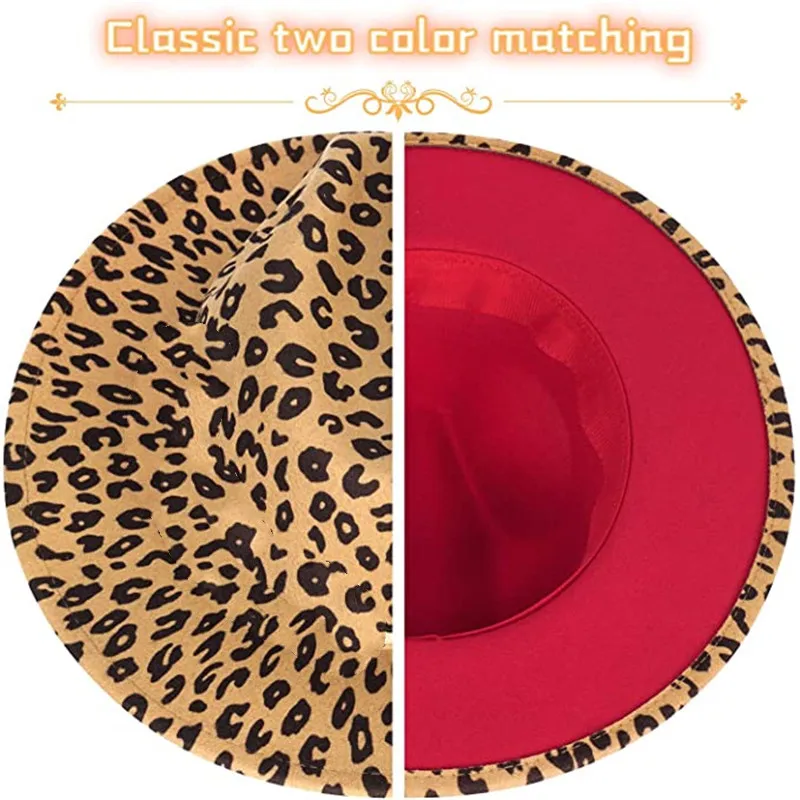 Simple Leopard Red Patchwork Felt Hat Women Men Wide Brim Wool Jazz Fedora Hats Panama Trilby Cap Trend Gambler Hat Wholesale