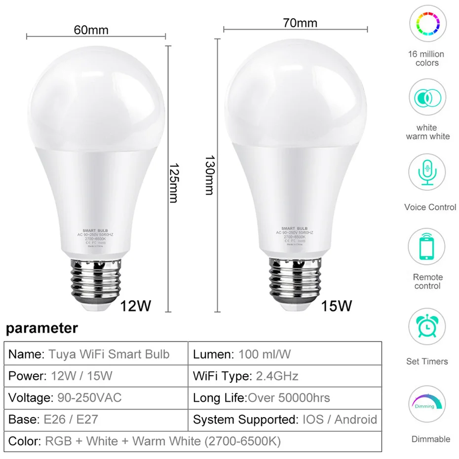 Tuya LED Smart Light Bulb 12W 15W Wifi RGB Lamp Color Dimmable E27 LED Bulb Smart Life APP Voice Control with Alexa Google Home