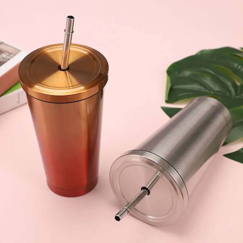 500Ml Roestvrijstalen Mok Met Deksel Vacuüm Double-Layer Tumbler Met Stro Isolatie Fles Herbruikbare Koffie Sap Cup drinkware