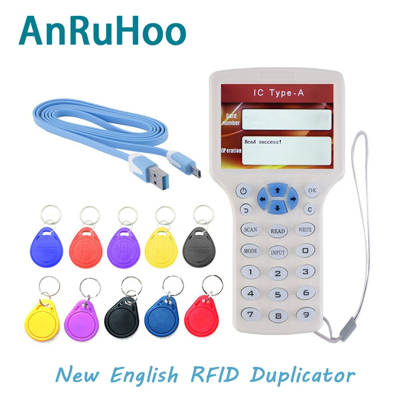 New Handheld English 10 Frequency RFID Card Duplicator NFC Smart Chip Key Reader IC/ID Badge Writer CUID/FUID Tag Copier