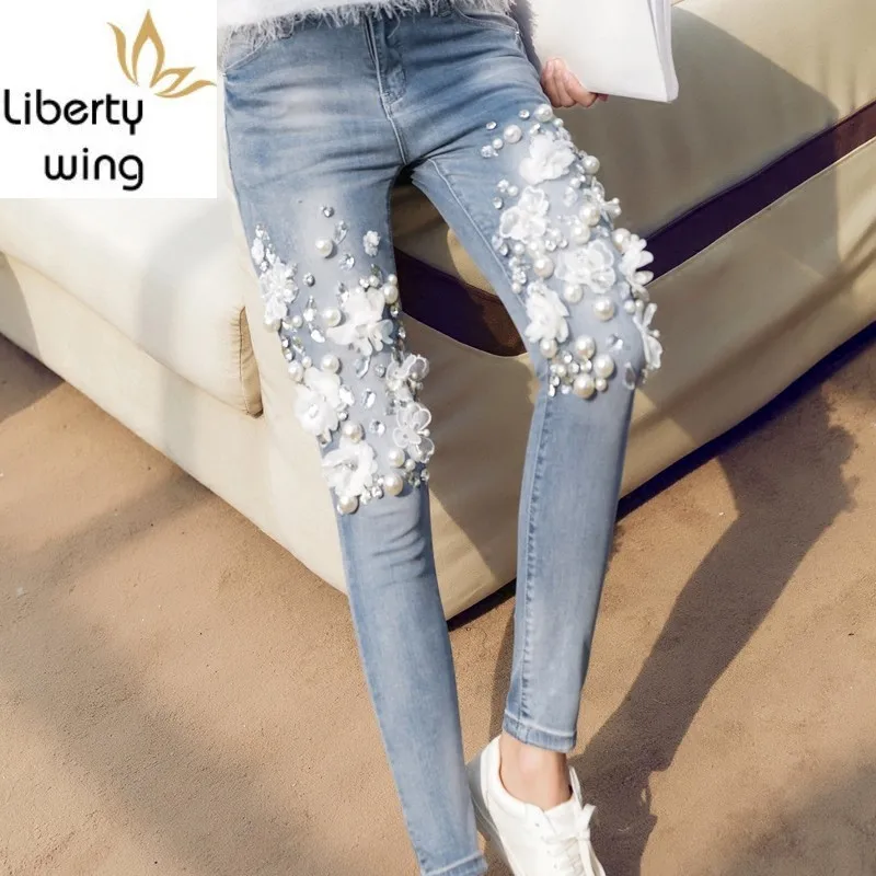 

New Embroidered Flares Woman Fashionable Ankle-Length Pants Luxury Diamond Slim Stretch Jeans Party Denim Trousers