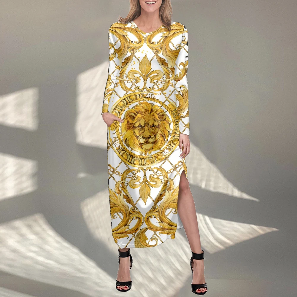 

Noisydesigns Golden Europe Floral Printed Designer Night Dress Women Oversize 4XL Long Sleeve Split Skirt 2022 Vestido Mujer