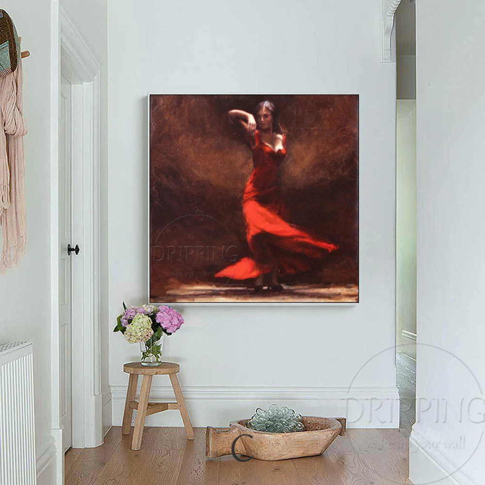 Handmade High Quality Spanish Flamenco Dancer Portrait Oil Painting on Canvas Beauty Lady Dancer with Red Dress Oil Painting