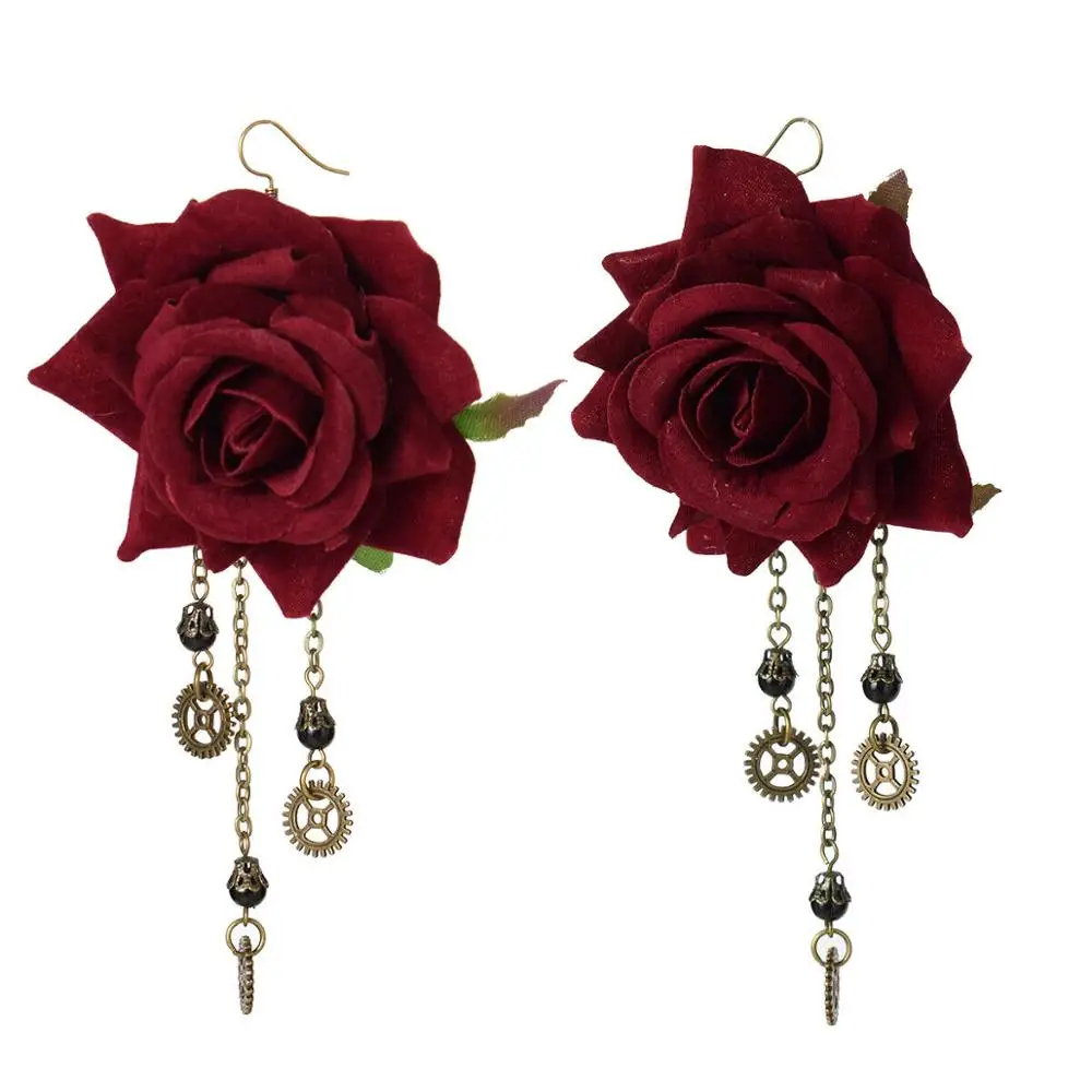 Gothic Dangle Earrings Medieval Retro Vampire Exaggerated Red Rose Gear Pendant Ear Drop Earrings Women Party Costume Jewelry