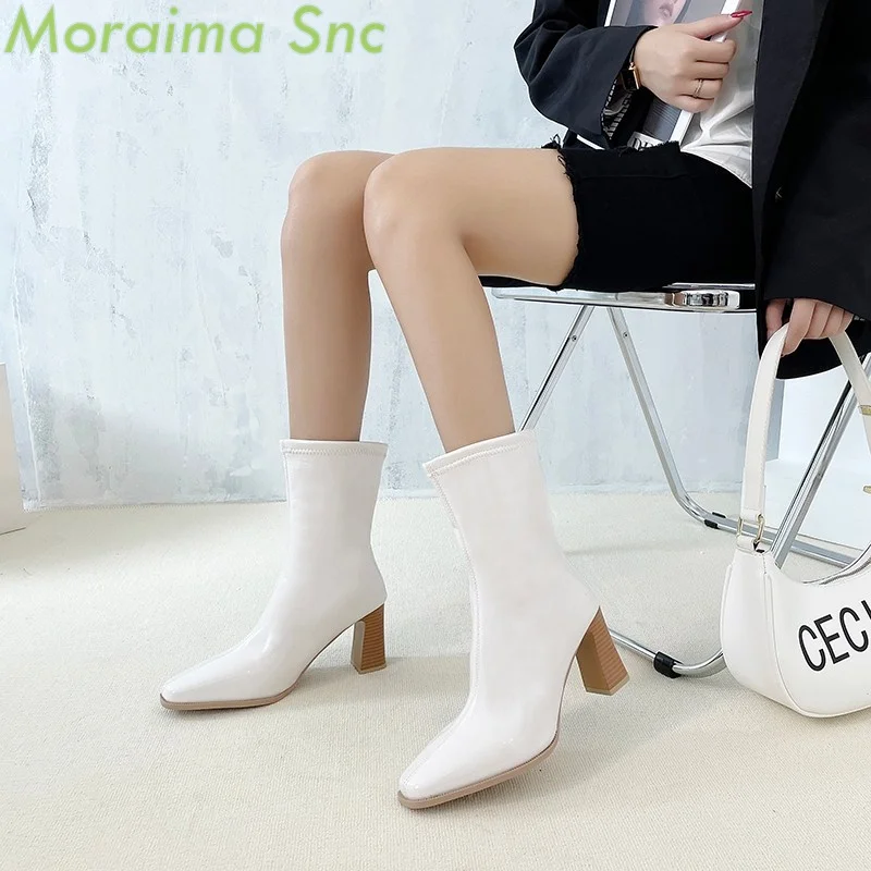 

Women's Square Toe Short Boots Pu Leather Thick High Heels Solid Color Fashion New High Quality Ladies Boots Black White Shoes