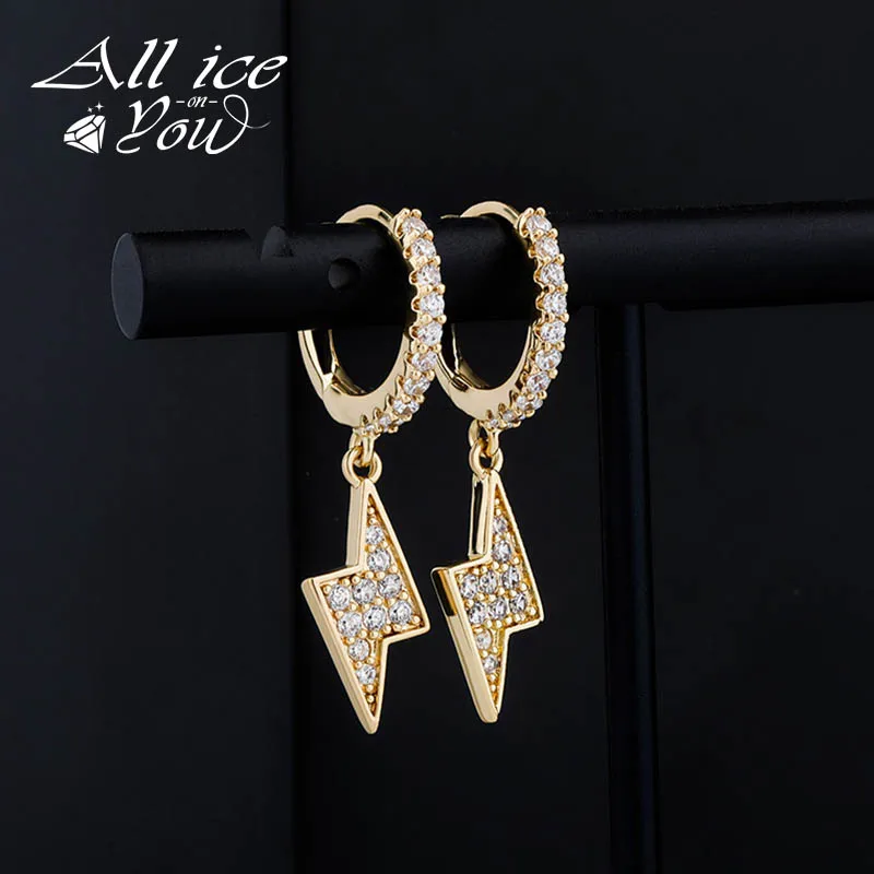 ALLICEONYOU Minimalist Lightning Earrings Iced Cubic Zirconia Earring Hip Hop Fashion Jewelry For Women