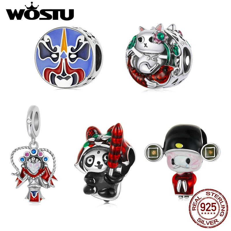 

WOSTU 925 Sterling Silver Chinese God of Wealth New Year Picture Cat Opera Facial Makeup Charm Beads Fit For Orignal Bracelets