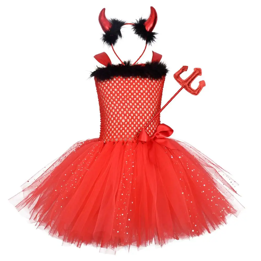 

Wicked Red Devil Girls Tutu Dress Kids Halloween Cosplay Carnival Party Costume Glitter Fluffy Fancy Satan Demon Dress Outfit