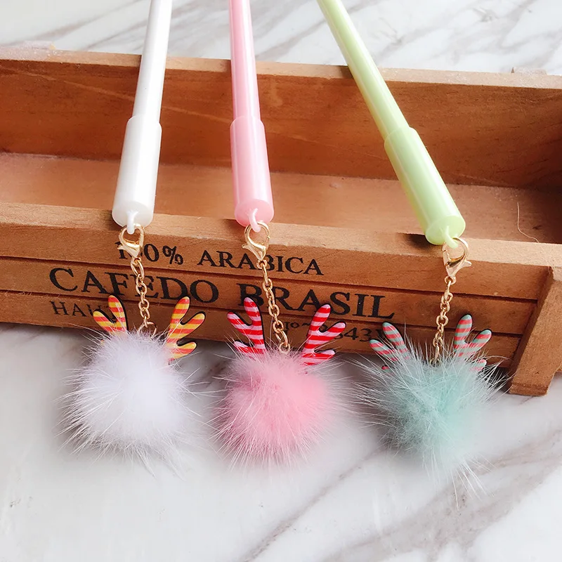 1pcs Christmas Elk Hairball Pendant Gel Pen Cute Cartoon Student 0.5mm Writing Stationery Office Kawaii School Supplies