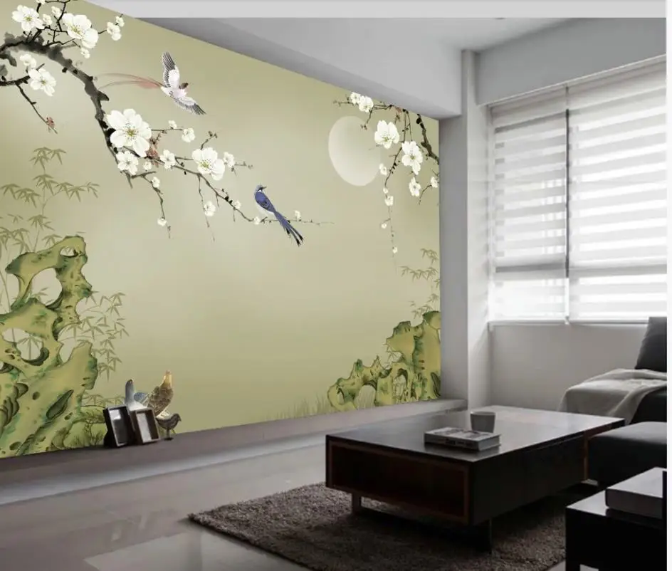 

beautiful scenery wallpapers New chinese style hand painted stone bamboo leaf plum background wall decoration painting