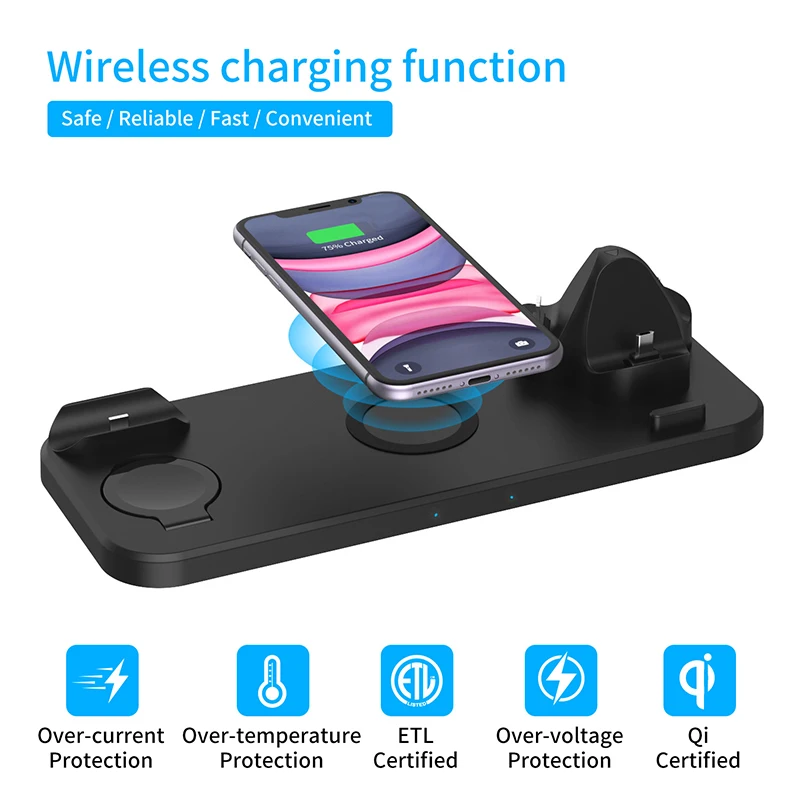 New 6 in 1 Fast Wireless Charger Stand for iPhone/Android/Type-C USB Phones 10W Qi Fast Charging For Apple Watch AirPods Pro