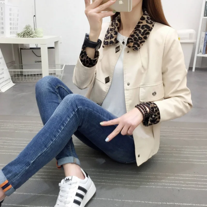 Leopard patter Pu leather jacket female new handsome single breasted trend leather motorcycle clothing jacket F102