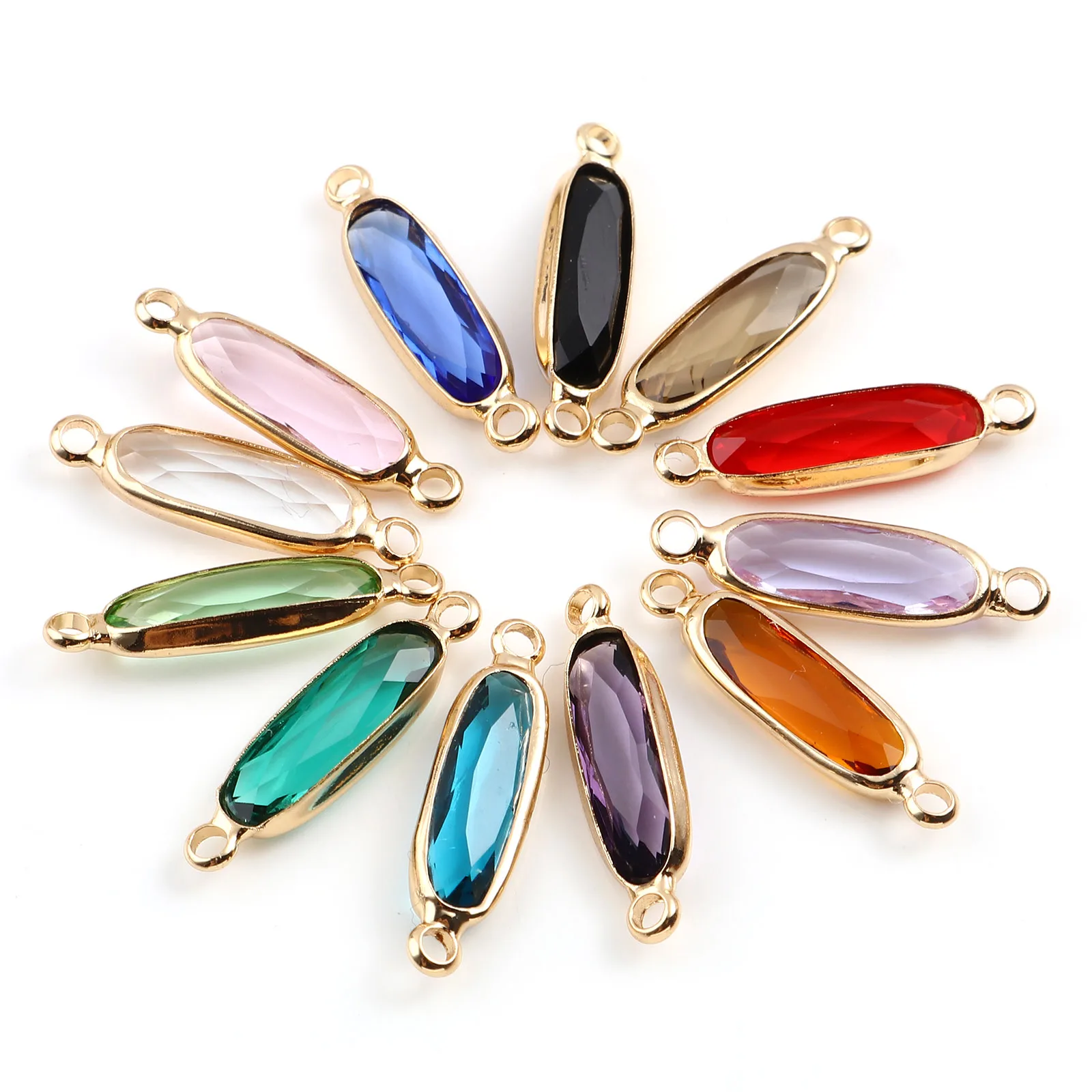 Wielokolorowe szklane łączniki owalne złoty kolor miedziane wisiorki DIY Making naszyjnik bransoletki damskie komponenty do biżuterii, 22mm x 6mm, 5 sztuk