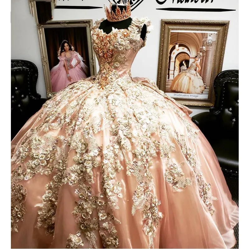 ピンクビーズ2021 quinceaneraのドレス3D花レースアップリケ花甘い16ドレスページェントvestidosデ · 15 anos