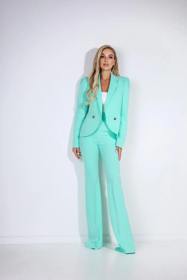 Classic Women 2 Pieces Blazer Suits Notched Lapel Pocket Jacket Flares Pants Office Lady Casual Daily Streetwear Set