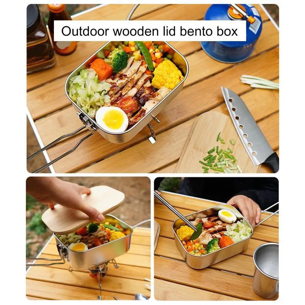 

900ml Outdoor Camping Picnic Portable Leakproof Thermal Insulation Stainless Steel Wooden Cover Lunch Food Container Bento Box