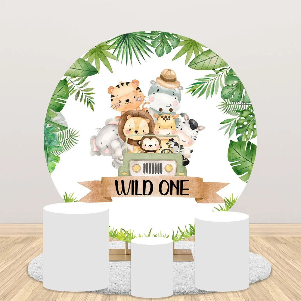 Wild One Backdrop Safari Jungle Round Background for Birthday Party Decoration Green Leaves Animals First Birthday Background