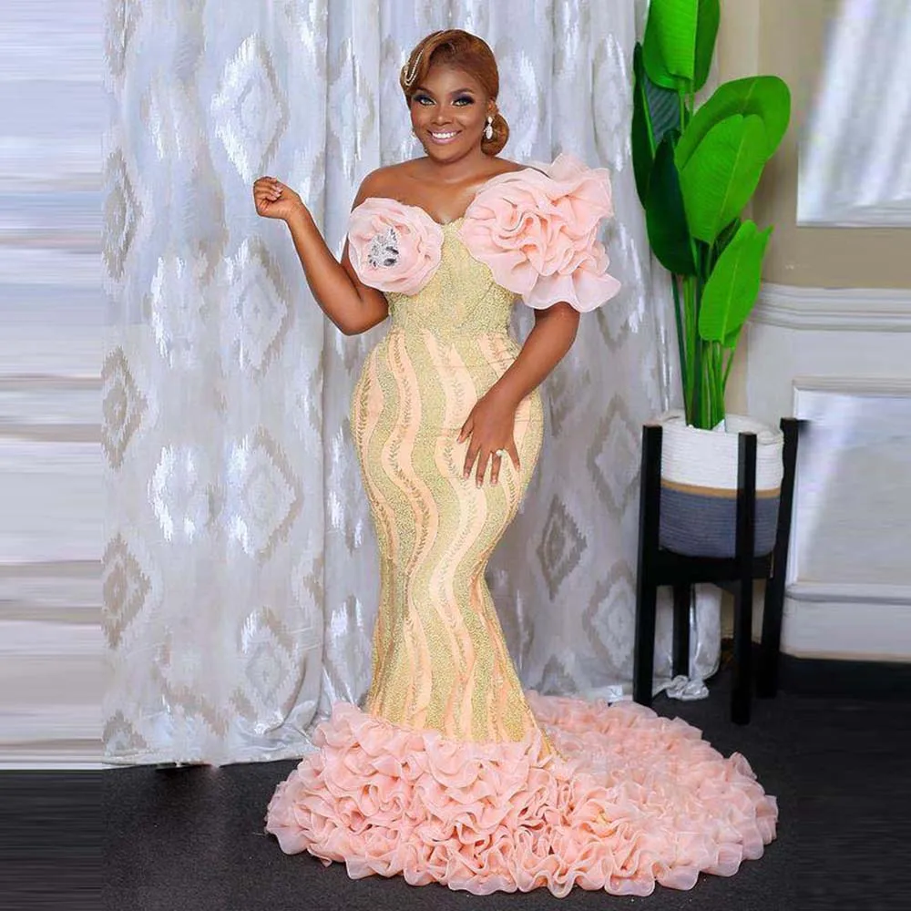 Rosa organza babados sereia vestidos de baile aso ebi estilo varredura trem zíper voltar vestidos de noite plus size vestido de festa africano 2022