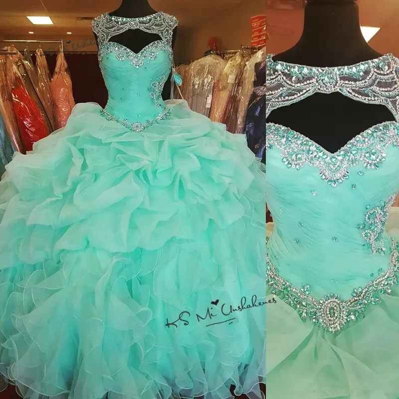 Turquesa quinceanera vestidos 2020 sálvia baratos quinceanera debutante vestidos organza babados cristais baile doce 16 vestido contas