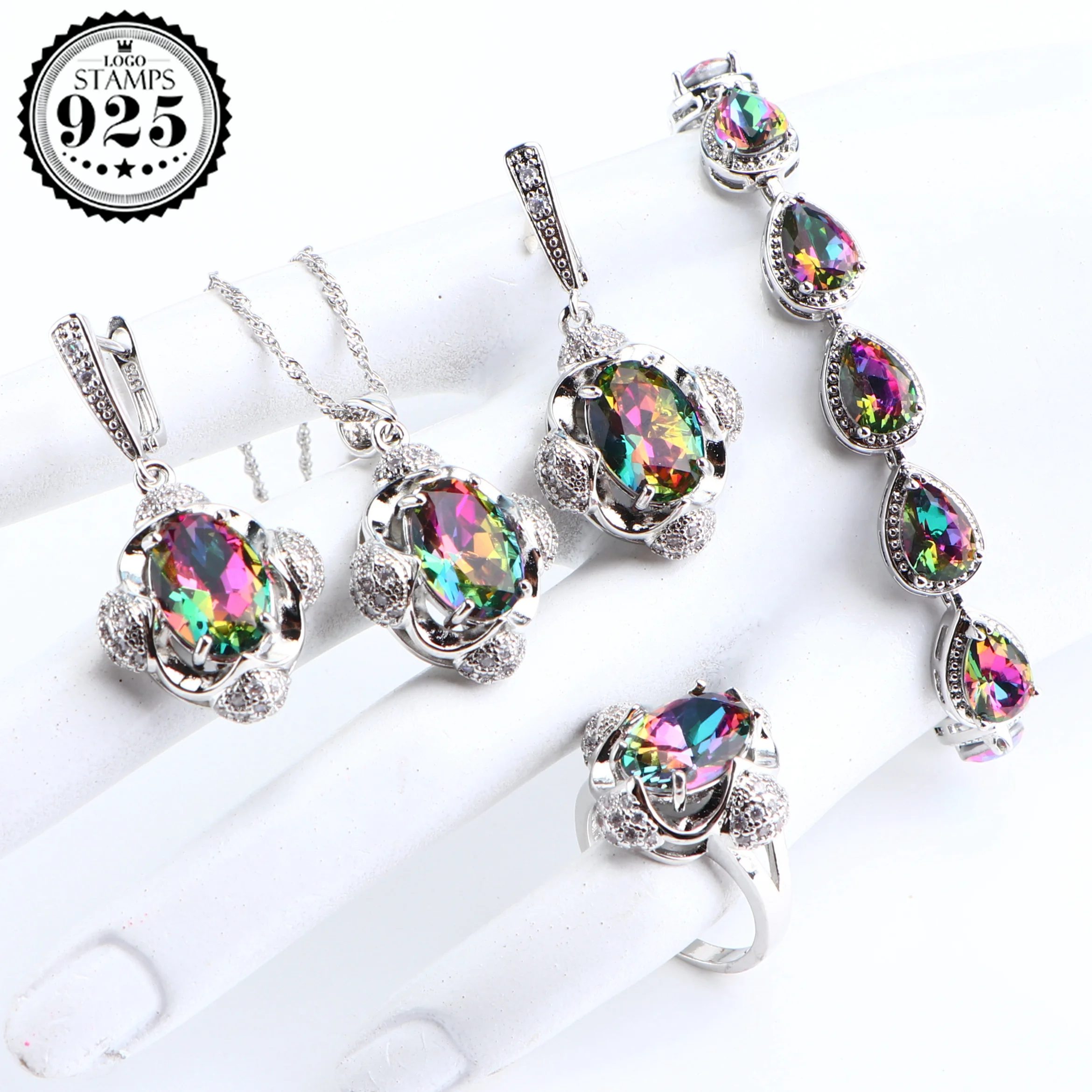 925 Silver Bridal Jewelry Sets For Women Magic Rainbow Wedding Jewelry Necklace Pendant Ring Earrings Bracelets Set Gifts Box