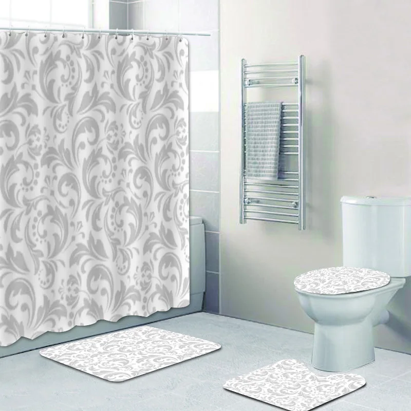 Luxury Silver Gray and White Baroque Shower Curtain Set Victorian Damask Floral Graphic Bathroom Curtain Bath Mats Home Decor