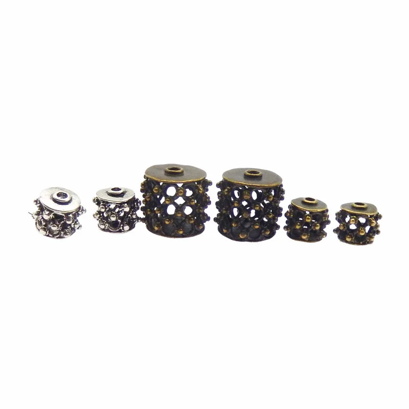 6PCS Copper Filigree Drum Roller Beads Hollow Antique Accessories Bracelet Charms Necklace Pendant Jewelry Making Findings