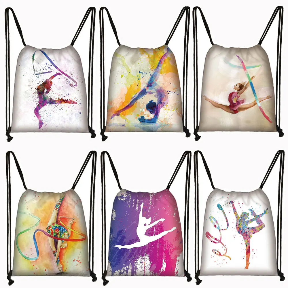 Watercolor Gymnastics Art Print Backpack Women Drawstring Bags Girls Daypack Gymnast Storage Bag for Travel Shoes Holder Gift