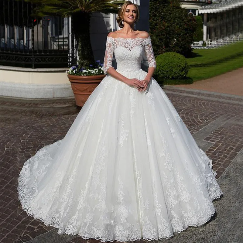 Vestido de novia de encaje de manga larga con hombros descubiertos, traje de novia de talla grande, 2020