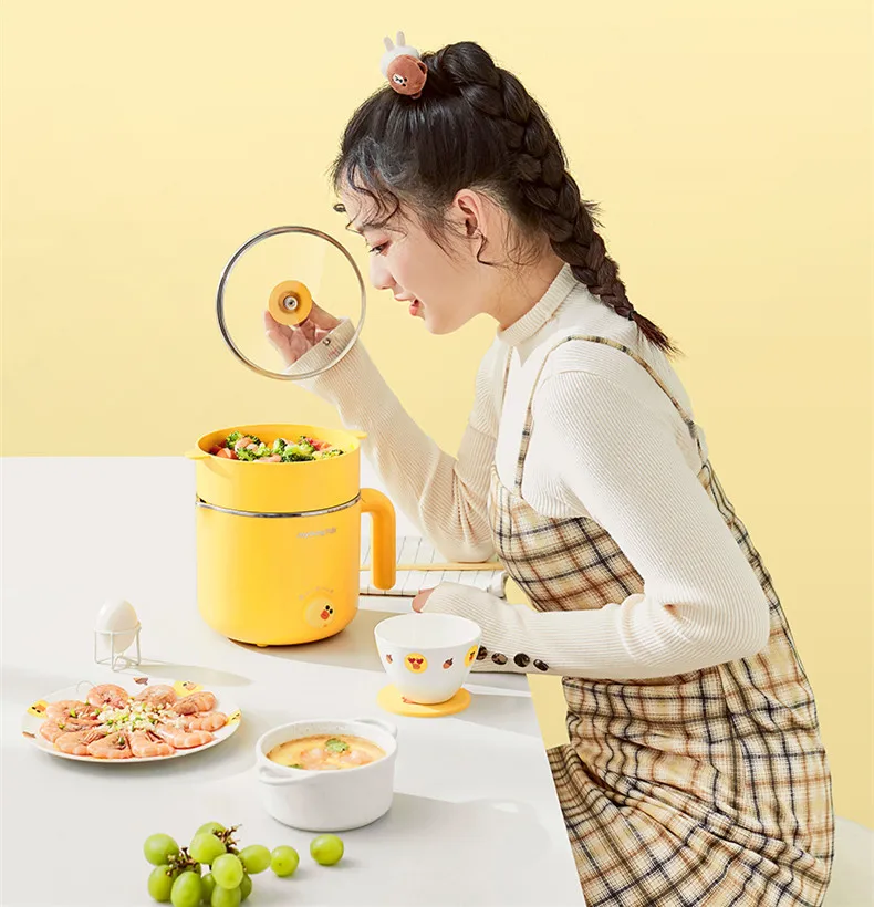 220V Mini Electric Multi Cooker Portable Electric Hotpot Cooking Machine Electric Yellow sally brown Hot Pot nine sun