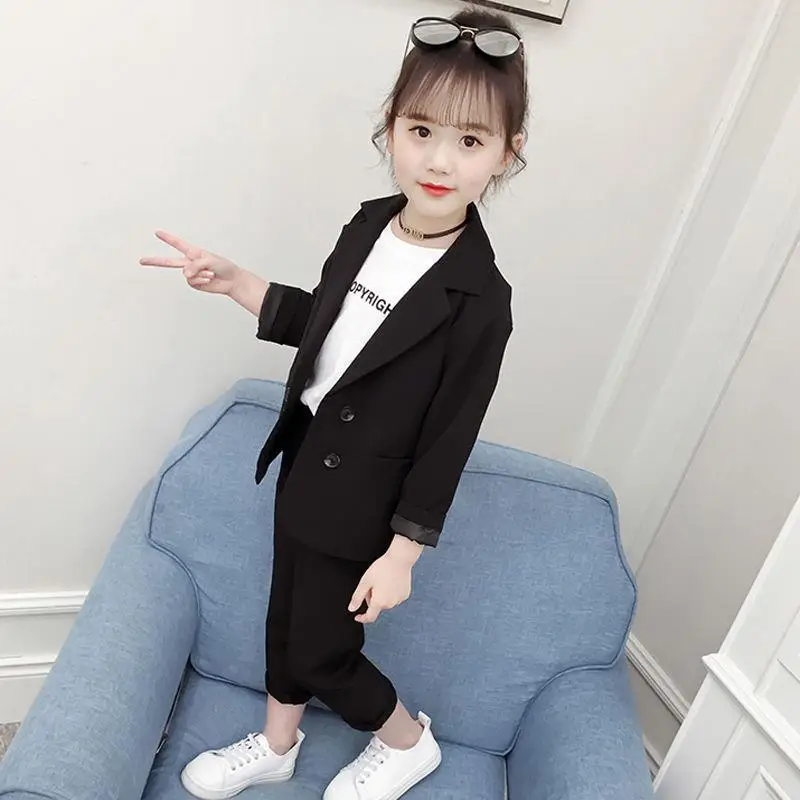 Girls Suits Coat + Pants 2pcs Kids Cotton 2023 Casual Spring Autumn High Quality Formal Sport Teenagers Children Sets Outfits