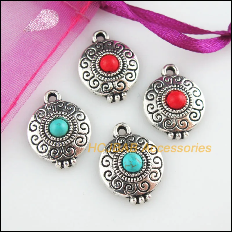 12Pcs Tibetan Silver Tone Flower Red & Blue Stone Round Charms Pendants 14x18.5mm