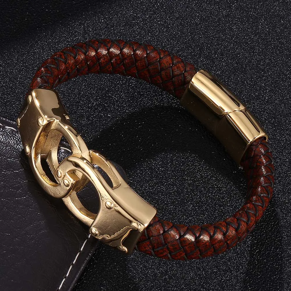 

Punk Genuine Leather Bracelet for Men Handcuffs Gold Color Stainless Steel Cuff Chain Bangles Men's Jewelry BB0762