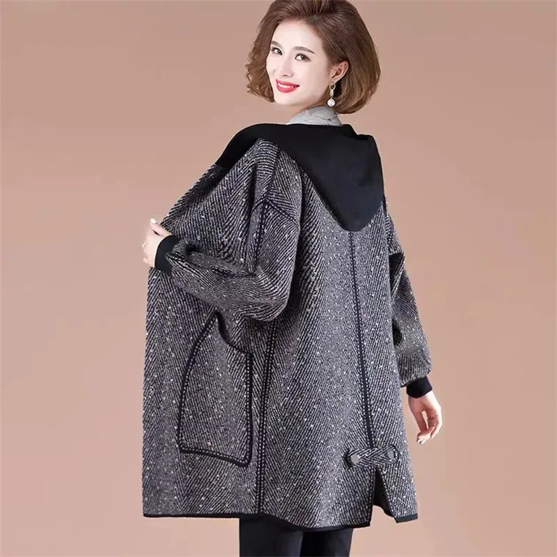 

Temperament Mother Blends Woolen Coat Mid-Long Autumn Winter Coat Hooded Size 5XL Women's Middle Aged Elderly Windbreaker